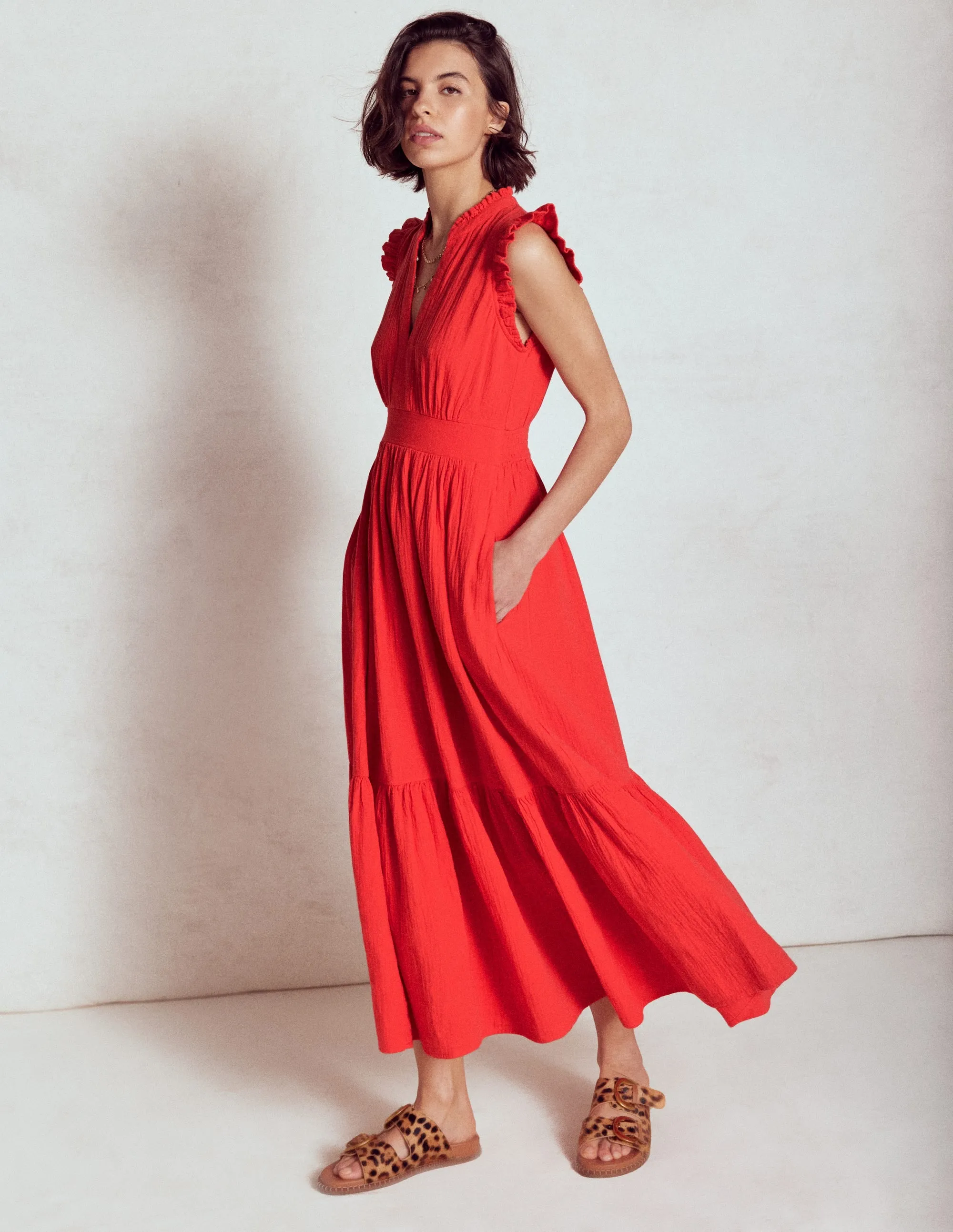 Wren Double Cloth Midi Dress-Strawberry Tart Red