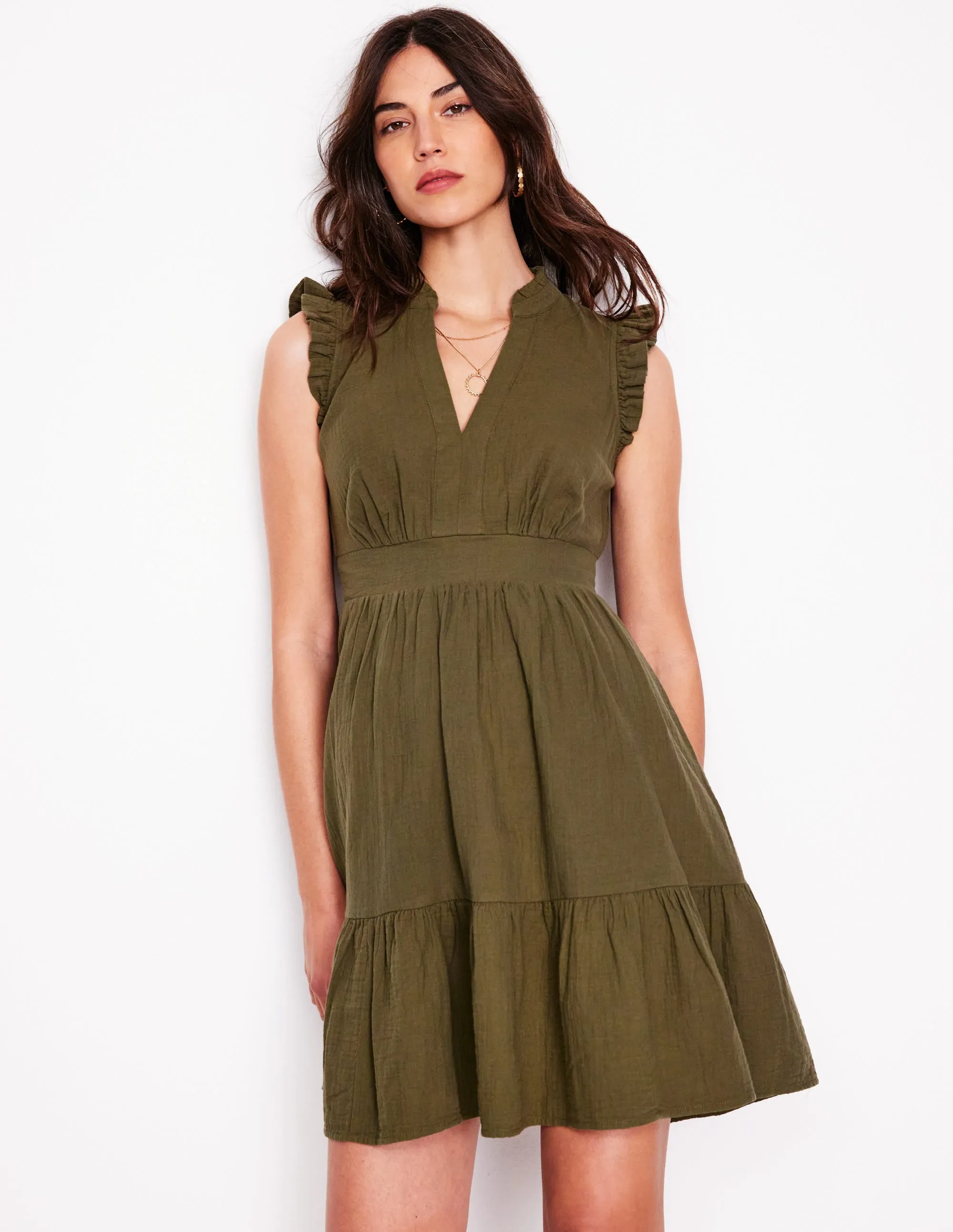 Wren Double Cloth Short Dress-Woodland Green