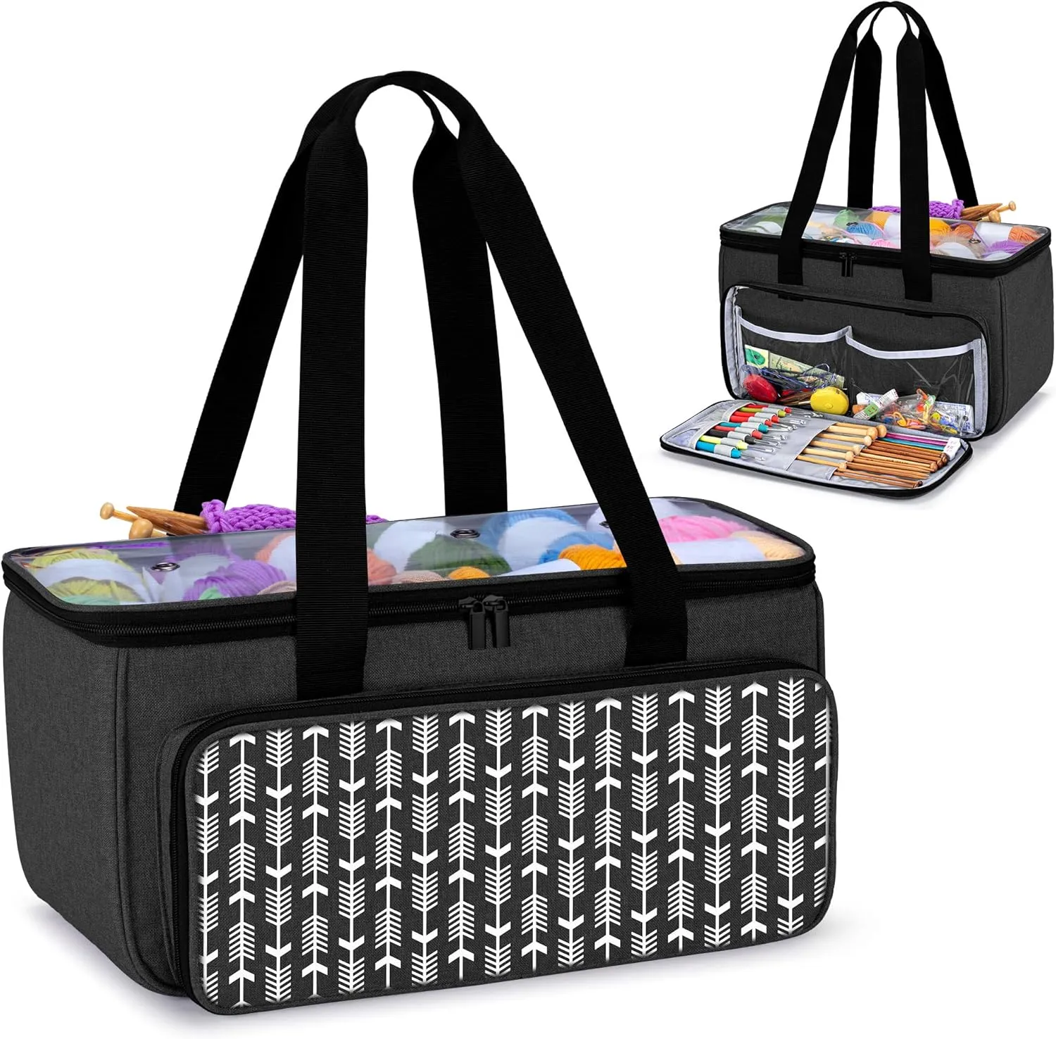 Yarwo Knitting Yarn Bag, Crochet Tote with Pocket for WIP projects, Knitting Needles(Up to 14) and Skeins of Yarn, Black with Arrow (Bag Only)