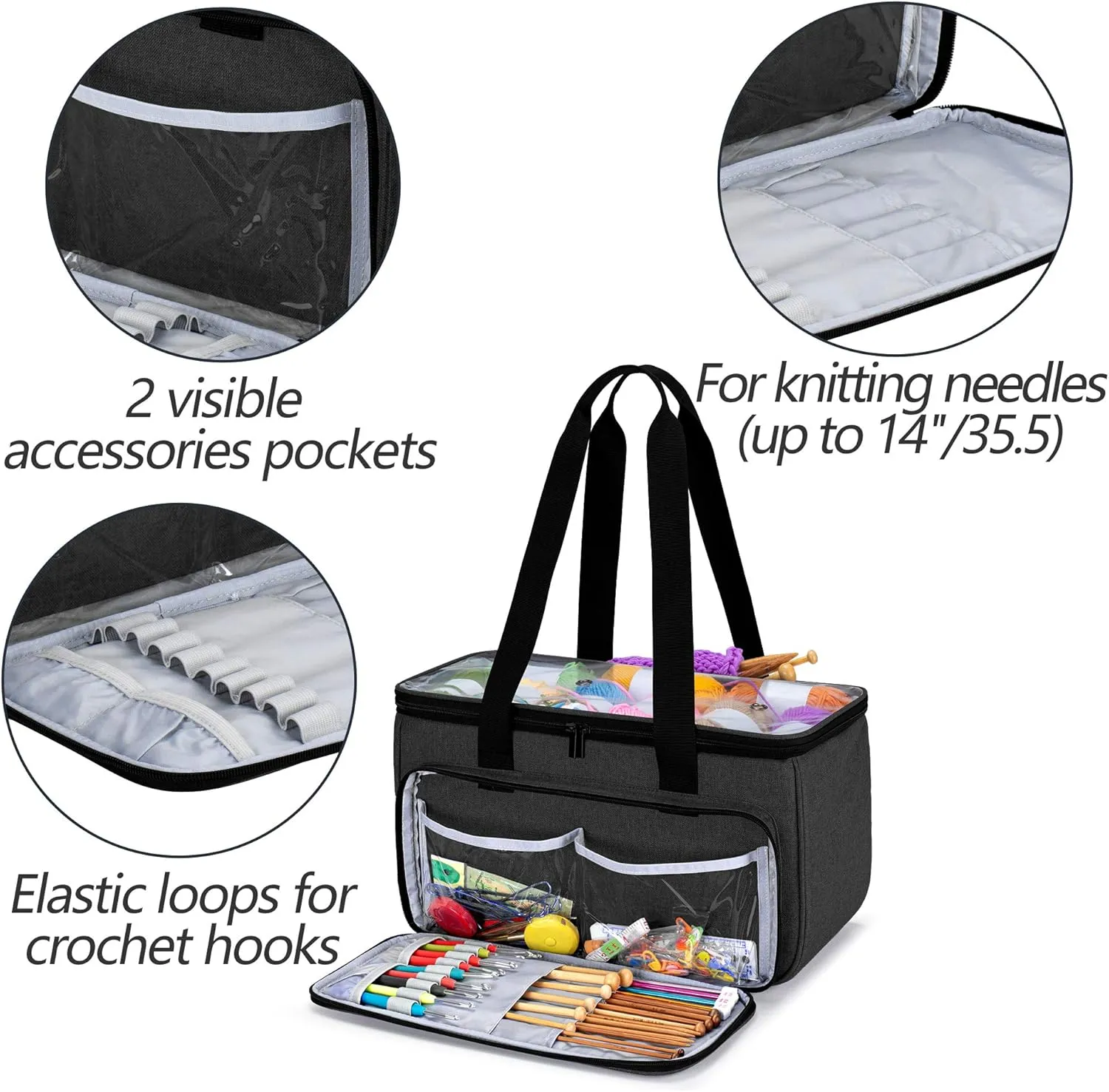 Yarwo Knitting Yarn Bag, Crochet Tote with Pocket for WIP projects, Knitting Needles(Up to 14) and Skeins of Yarn, Black with Arrow (Bag Only)