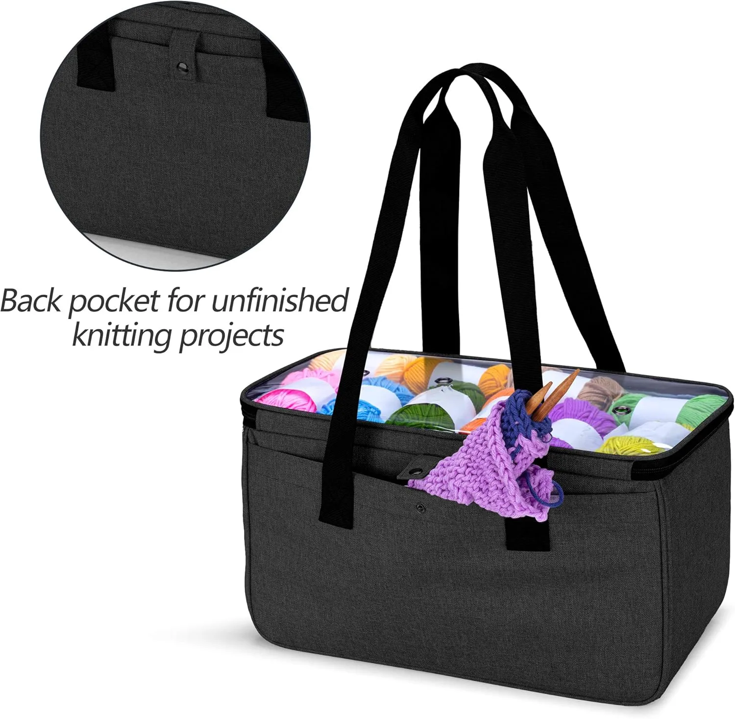 Yarwo Knitting Yarn Bag, Crochet Tote with Pocket for WIP projects, Knitting Needles(Up to 14) and Skeins of Yarn, Black with Arrow (Bag Only)