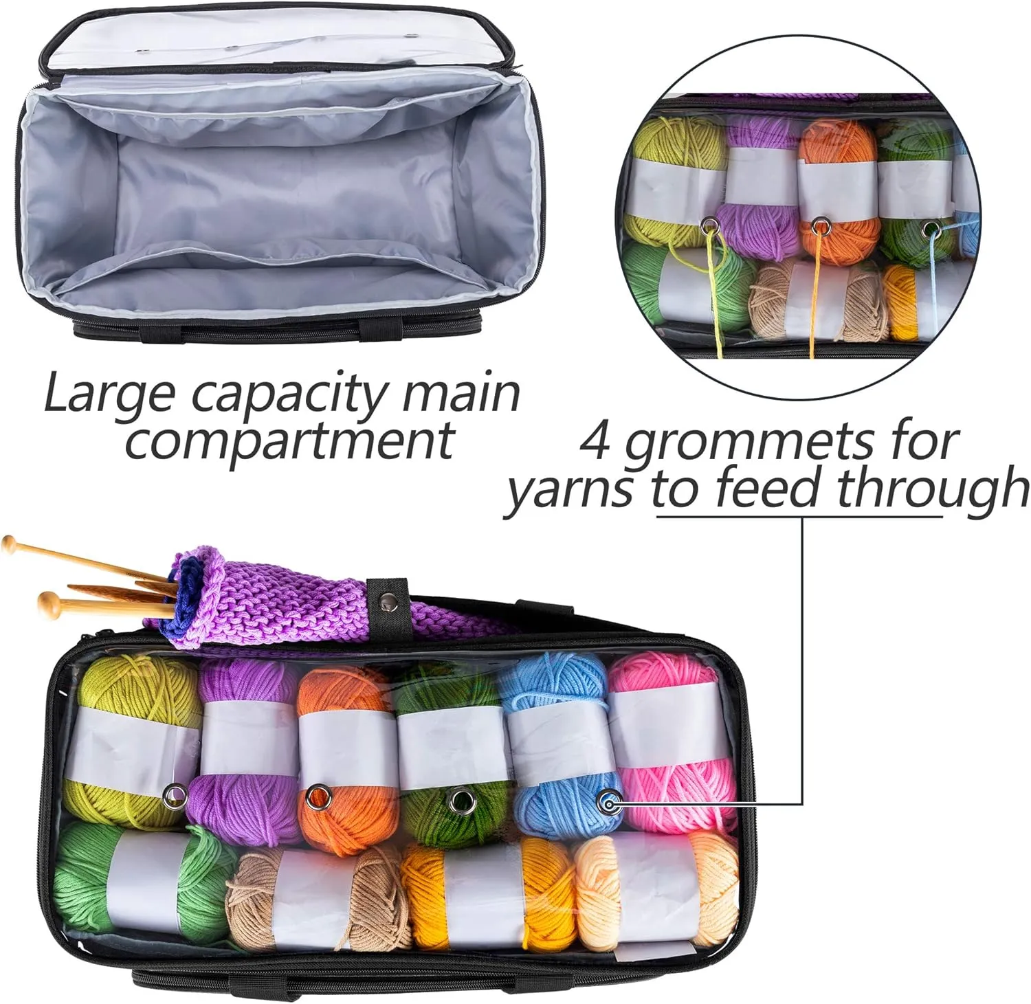 Yarwo Knitting Yarn Bag, Crochet Tote with Pocket for WIP projects, Knitting Needles(Up to 14) and Skeins of Yarn, Black with Arrow (Bag Only)