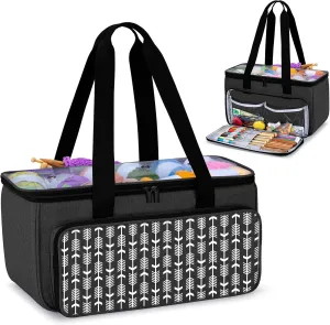 Yarwo Knitting Yarn Bag, Crochet Tote with Pocket for WIP projects, Knitting Needles(Up to 14) and Skeins of Yarn, Black with Arrow (Bag Only)