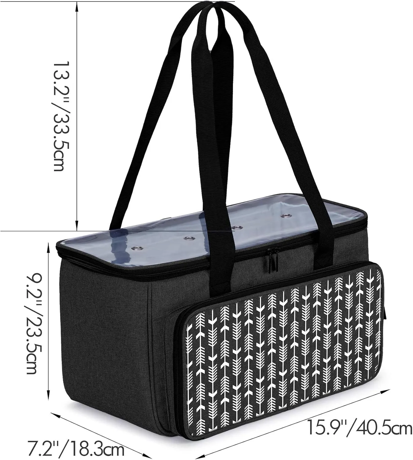 Yarwo Knitting Yarn Bag, Crochet Tote with Pocket for WIP projects, Knitting Needles(Up to 14) and Skeins of Yarn, Black with Arrow (Bag Only)